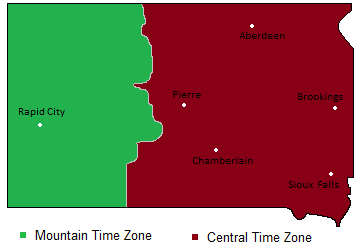 Time Zones Map In South Dakota, Usa -- Timebie